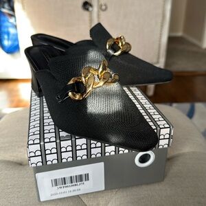 New Bella black mules with gold links
